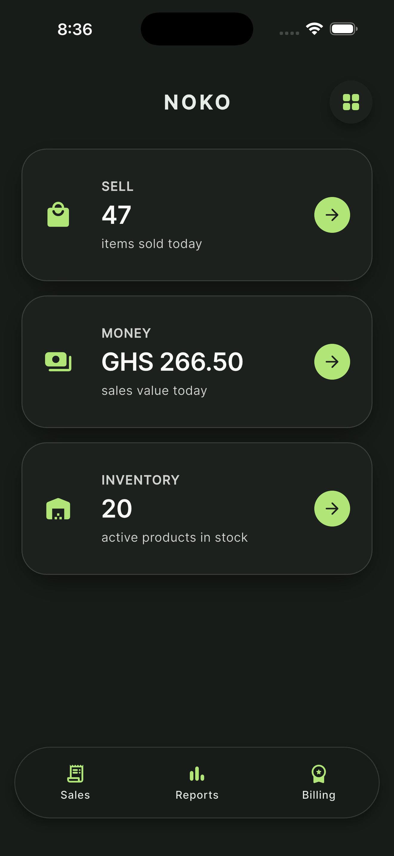 NOKO home screen showing today's SELL, MONEY, and INVENTORY metrics