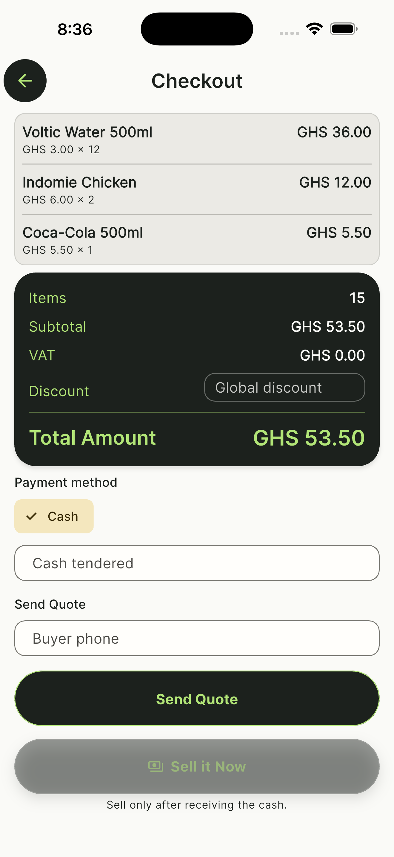 NOKO checkout with subtotal, VAT, discount, and Sell it Now