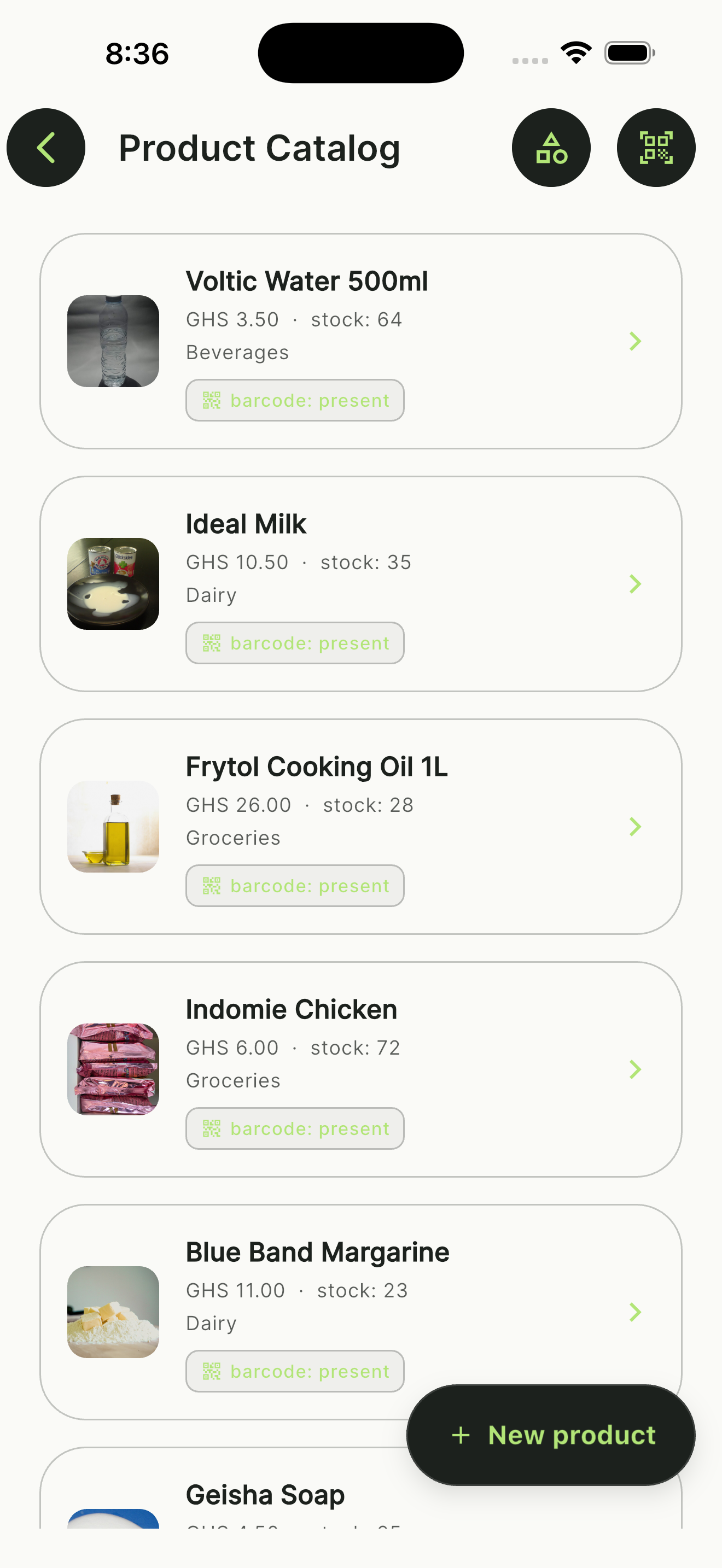 NOKO product catalog with images, prices, and add-product action