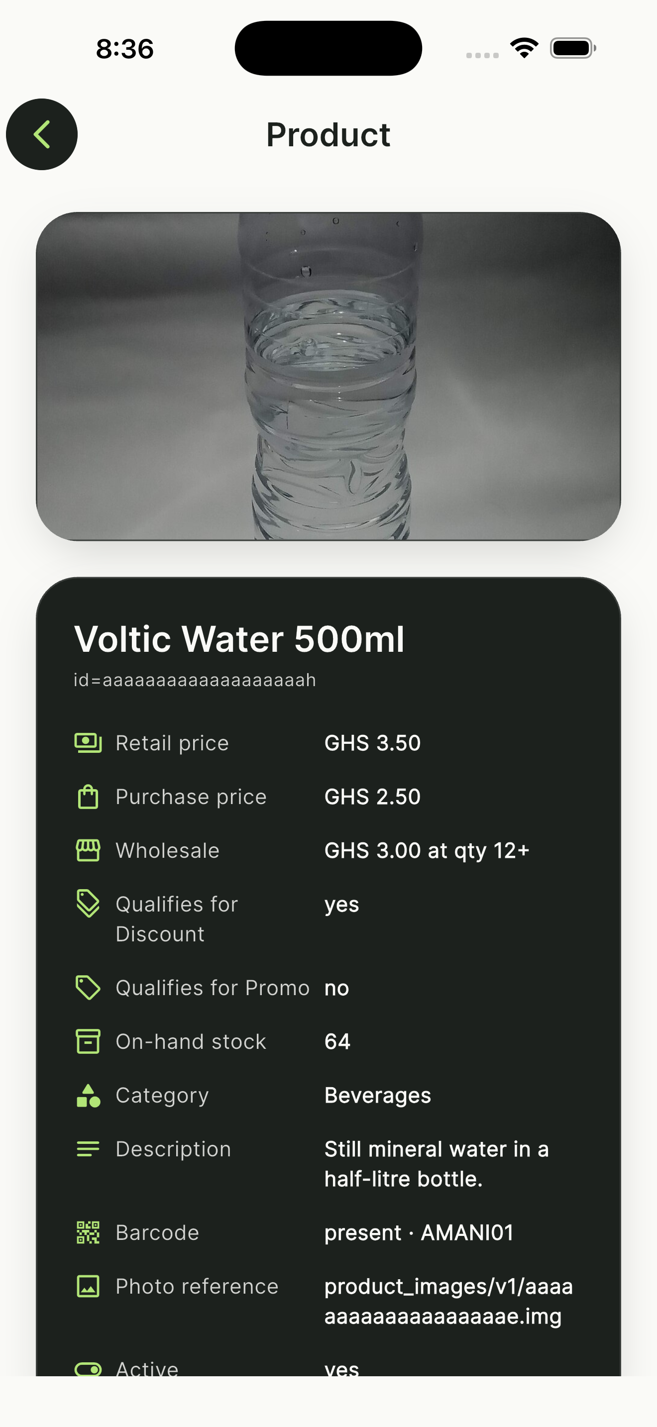 NOKO product detail with photo, pricing, barcode, and stock