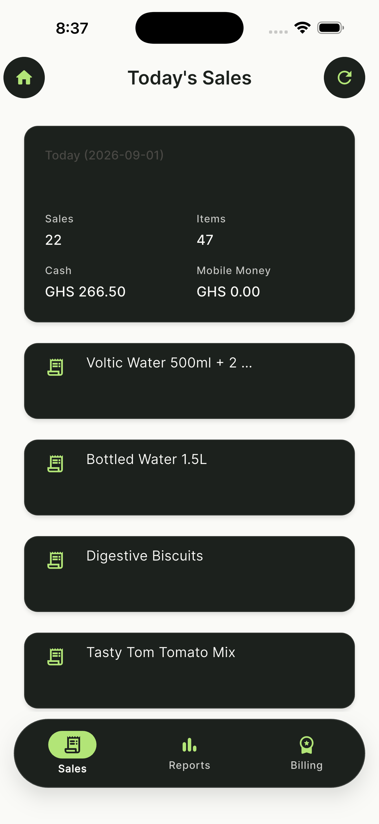 NOKO today's sales list with times, amounts, and payment methods