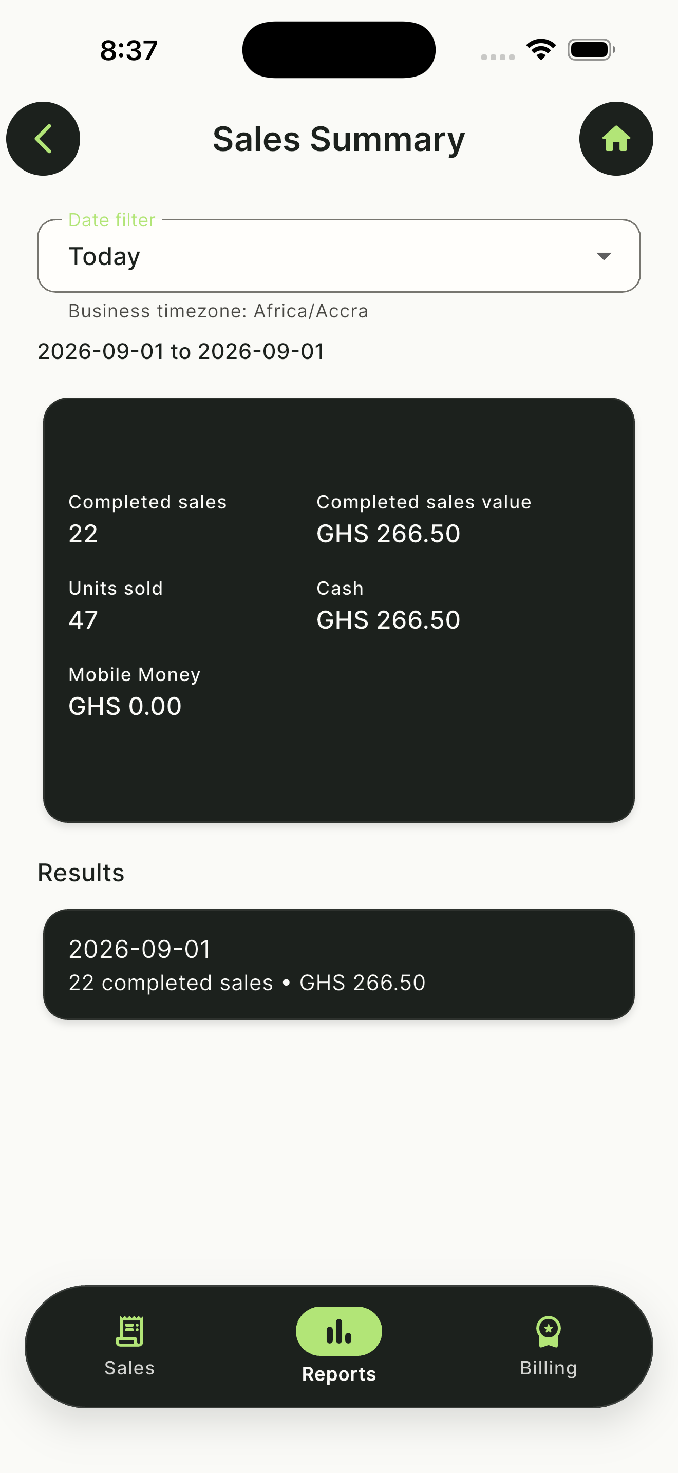 NOKO sales summary report with a clear period and non-zero values